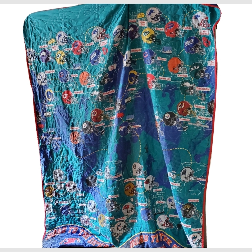 NFL Vintage Quilted AFC NFC Team Blanket 1990s USA Road To Super Bowl 84"x64"